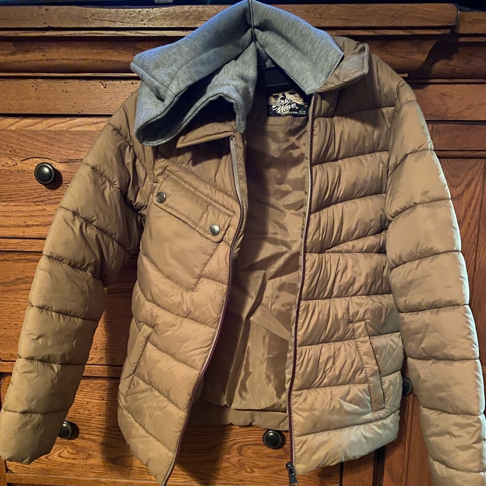 Puff Jacket in Gold/Bronze color/gray sweatshirt material detachable hood